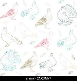 Seamless pattern of cartoon urban pigeons in the city Stock Vector