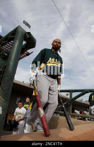 Oakland Athletics' Coco Crisp walks on the field during the first baseball  game of a doubleheader against the Baltimore Orioles in Baltimore,  Saturday, May 7, 2016. (AP Photo/Patrick Semansky Stock Photo - Alamy