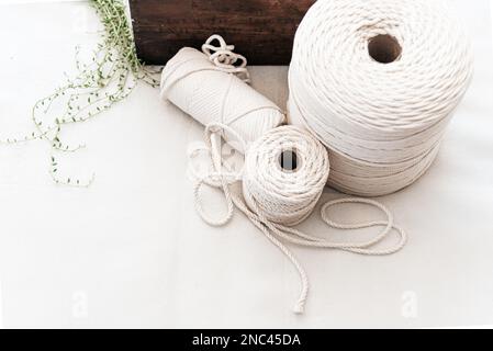 Natural Macrame Cord on Soft White Background Stock Photo