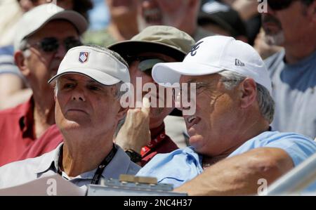 Joni Fregosi gets a hug from Philadelphia Phillies spring instructor Mickey  Morandini following a ceremony to honor her husband former Phillies manager  Jim Fregosi before an exhibition baseball game between the Phillies