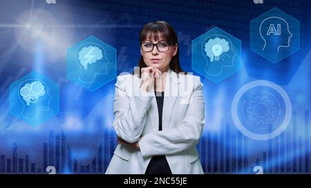 Portrait of serious business mature woman on glowing digital background Stock Photo