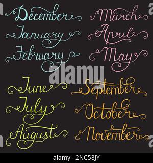 Handwritten months of the year: December, January, February, March, April, May, June, July, August, September, October, November. Calligraphy words fo Stock Vector