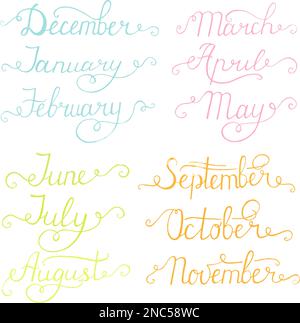 Handwritten months of the year: December, January, February, March, April, May, June, July, August, September, October, November. Calligraphy words fo Stock Vector