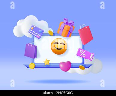 3D Online Shopping Concept. Render Computer with Shopping Symbols. Bag, Bank Card, Money, Gift Box and Discount Voucher or Sale Coupon. Online Shop, P Stock Vector