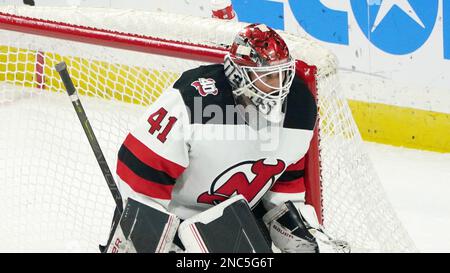 New Jersey Devils Goalie Vitek Vanecek Stops A Minnesota Wild Shot ...