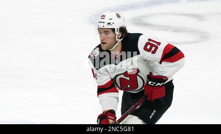 New Jersey Devils' Dawson Mercer (91) is congratulated for his goal against  the New York Rangers during the second period of Game 5 of an NHL hockey  Stanley Cup first-round playoff series