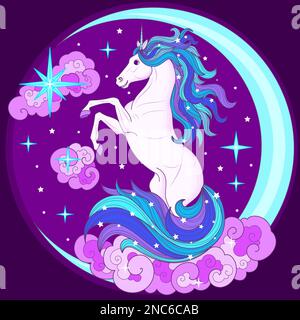 A beautiful unicorn in the clouds on a blue moon crescent. For the design of prints, posters, cards, stickers and so on. Vector Stock Vector