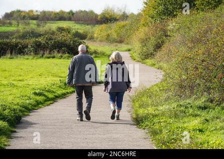 Senior couple walking in a park in autumn, Essex England United Kingdom UK Stock Photo