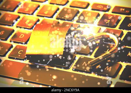 Pad lock open on a keyboard concept of cyber security . Stock Photo