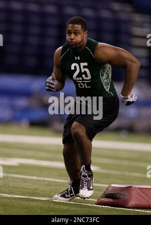 California defensive end Cameron Jordan runs a drill at the NFL football  scouting combine in Indianapolis, Monday, Feb. 28, 2011. (AP Photo/Michael  Conroy Stock Photo - Alamy