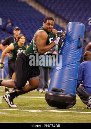 California defensive end Cameron Jordan runs a drill at the NFL football  scouting combine in Indianapolis, Monday, Feb. 28, 2011. (AP Photo/Michael  Conroy Stock Photo - Alamy