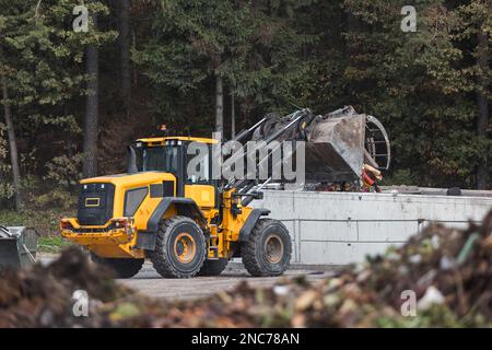 Skid steer loader moving garbage at the landfill site, before processing waste material, sorting, treatment, or recycling Stock Photo