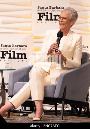 Jamie Lee Curtis speaking about her career at the 2023 Santa Barbara International Film Festival for the Maltin Modern Master Award Stock Photo