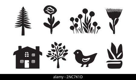 Rustic vector elements for cottage core motif set. House, bird, plantlife and botanicals isolated clip art.  Stock Vector