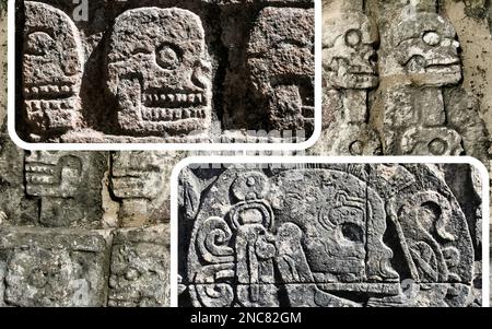 The impressive wall of skulls (The Tzompantli) in the ancient Mayan city of Chichen Itza in Mexico. Stock Photo