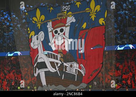 Paris, France. 14th Feb, 2023. Soccer: Champions League, Paris Saint-Germain - Bayern Munich, knockout round, round of 16, first leg, Parc des Princes. Choreography of the fans of PSG. Credit: Sven Hoppe/dpa/Alamy Live News Stock Photo