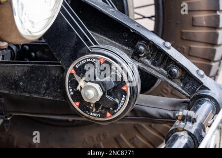 Suspension detail on a vintage British-built 1928 Bentley 4 1/2 Litre Le Mans Vanden Plas Tourer in the Colorado Grand car rally. Stock Photo