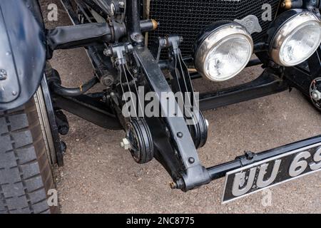 Suspension detail on a vintage British-built 1928 Bentley 4 1/2 Litre Le Mans Vanden Plas Tourer in the Colorado Grand car rally. Stock Photo