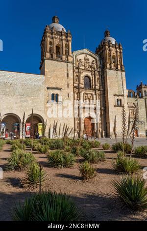 Agaves in front of the Church of Santo Domingo de Guzman in the historic center of Oaxaca, Mexico.  Built in Baroque style, construction began in 1575 Stock Photo