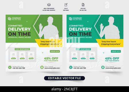 Delivery service promotional web banner design with blue and green ...