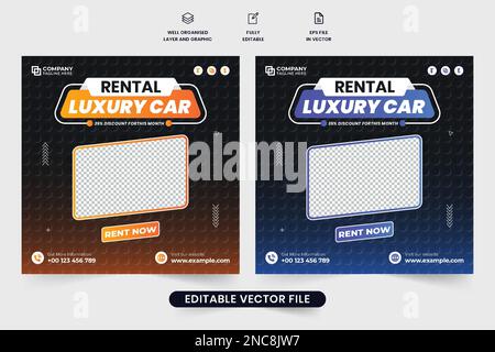 Car rental social media post vector with blue and orange colors on dark backgrounds. Car management and rental business promotional web banner vector. Stock Vector