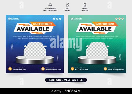 Rent a car business advertisement poster design for social media marketing. Vehicle rent and management service promotional web banner vector. Car ren Stock Vector