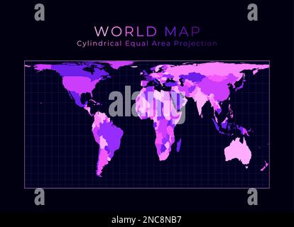 World Map. Cylindrical equal-area projection. Digital world illustration. Bright pink neon colors on dark background. Vibrant vector illustration. Stock Vector