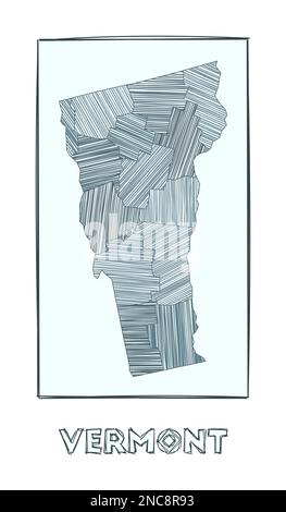 Sketch map of Vermont. Grayscale hand drawn map of the us state. Filled regions with hachure stripes. Vector illustration. Stock Vector