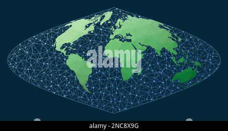 Global network. Sinusoidal projection. Green low poly world map with network background. Elegant connected globe for infographics or presentation. Vec Stock Vector