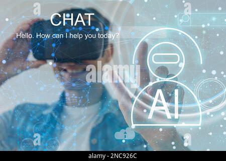 Businessman using chatbot in smartphone intelligence Ai. Chat with AI Artificial Intelligence, developed by OpenAI generate. Futuristic technology Stock Photo