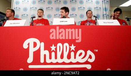From left, Philadelphia Phillies pitchers Roy Oswalt, Joe Blanton and Roy  Halladay enter the ballpark in their green St. Patrick's Day jersey prior  to action against the Toronto Blue Jays at Bright