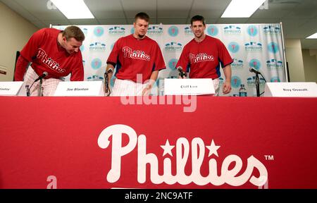 From left, Philadelphia Phillies pitchers Roy Oswalt, Joe Blanton and Roy  Halladay enter the ballpark in their green St. Patrick's Day jersey prior  to action against the Toronto Blue Jays at Bright