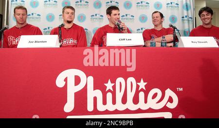 From left, Philadelphia Phillies pitchers Roy Oswalt, Joe Blanton and Roy  Halladay enter the ballpark in their green St. Patrick's Day jersey prior  to action against the Toronto Blue Jays at Bright