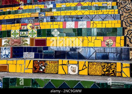 Escadaria Selaron stairway, famous public steps in Santa Teresa district of Rio de Janeiro. The landmark steps was created by Chilean born artist Jorg Stock Photo