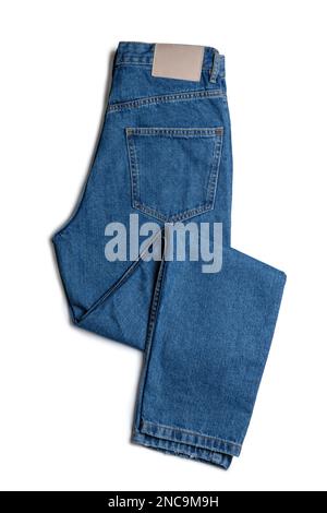 Blue jeans pants isolated on white background. Denim background, texture. Fashion concept, business, shopping, sale. Design detail, button and seams Stock Photo