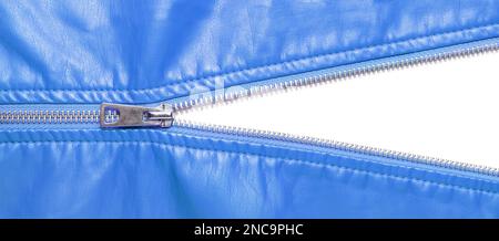 Blue leather texture and open metal zipper isolated on white background. Business background, banner, header, mockup with copy space. Top view, flat l Stock Photo