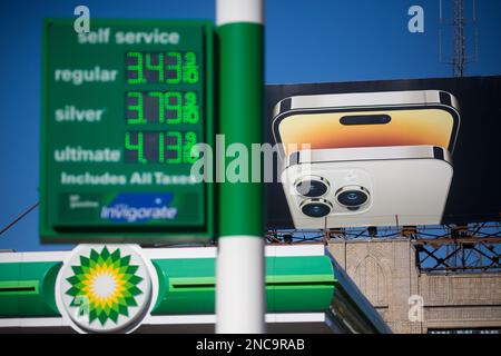New York, USA. 14th Feb, 2023. Gasoline prices are displayed at a gas station in the Brooklyn borough of New York, the United States, on Feb. 14, 2023. The U.S. Labor Department reported Tuesday that U.S. consumer price index, a major gauge of inflation, rose 0.5 percent in January on a monthly basis, the biggest increase in three months and higher than the 0.4 percent expected by economists. The annual rate hit 6.4 percent in January, down slightly from 6.5 percent in December and higher than the market consensus of 6.2 percent. Credit: Michael Nagle/Xinhua/Alamy Live News Stock Photo