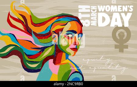 International womens day greeting card template in grunge background with young woman face with long hair in colorful abstract collage design. Illustr Stock Vector