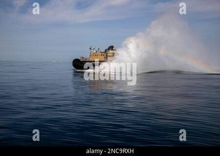 Atlantic Ocean. 8th Feb, 2023. Sailors assigned to Assault Craft Unit (ACU) Four operate landing craft air cushions (LCAC) during recovery efforts of a high-altitude balloon in the Atlantic Ocean, Feb. 8, 2023. At the direction of the President of the United States and with the full support of the Government of Canada, U.S. fighter aircraft under U.S. Northern Command authority engaged and brought down a high altitude surveillance balloon within sovereign U.S. airspace and over U.S. territorial waters Feb. 4, 2023. Active duty, Reserve, National Guard, and civilian personnel planned and e Stock Photo