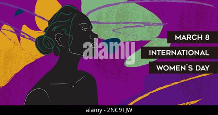 Womens Day greeting card template. Abstract female woman silhouette with colorful grunge background, line art brush and text. Template design for inte Stock Vector