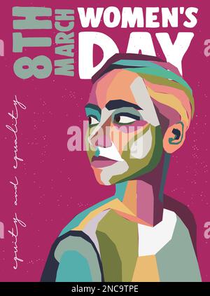 International womens day greeting card template with young woman face in pastel colors abstract collage design. Poster illustration for international Stock Vector