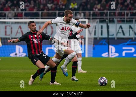 Milan, Italy - 14/02/2023, Harry Kane (Tottenham Hotspur FC) and Rade Krunic (AC Milan) during the UEFA Champions League, Round of 16, 1st leg football match between AC Milan and Tottenham Hotspur on February 14, 2023 at San Siro stadium in Milan, Italy - Photo Morgese-Rossini / DPPI Stock Photo