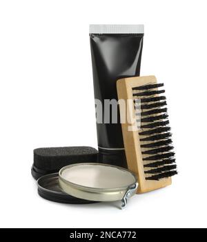 Set of shoe care products on white background Stock Photo