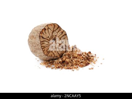 Grated nutmeg and seed isolated on white Stock Photo