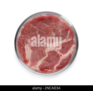 Petri dish with piece of raw cultured meat on white background, top view Stock Photo