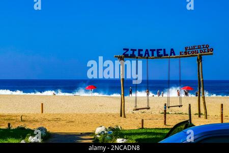 Puerto Escondido Oaxaca Mexico 26. January 2023 Romantic paradise swing on the beach in Zicatela Puerto Escondido Oaxaca Mexico. Stock Photo