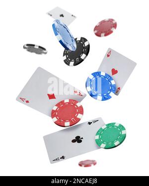 Casino chips and playing cards falling on white background Stock Photo