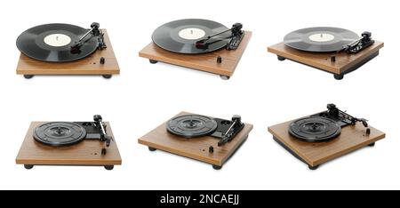 Collage of turntables with vinyl records on different color backgrounds ...