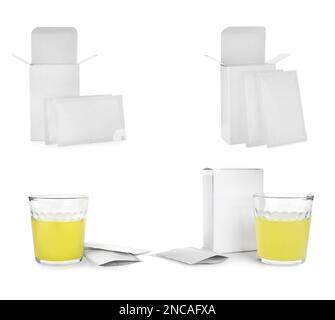 Set with sachets of medicine on white background Stock Photo