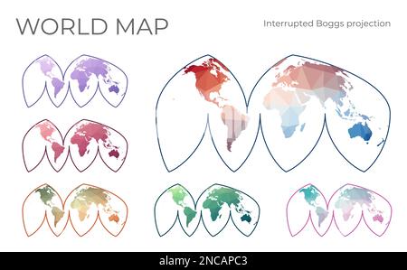 Low Poly World Map Set. Bogg's interrupted eumorphic projection. Collection of the world maps in geometric style. Vector illustration. Stock Vector